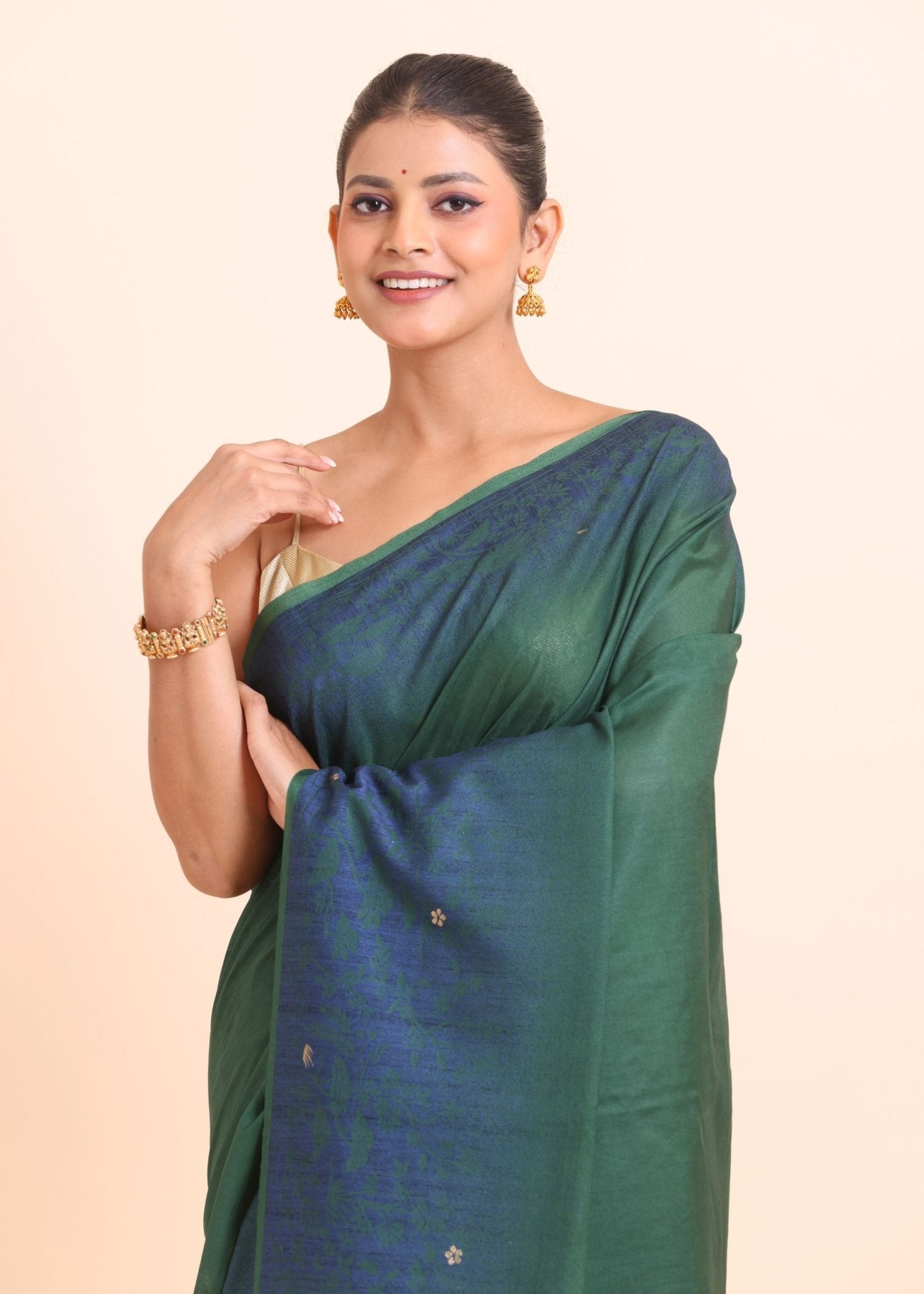 Green Linen Handloom Saree With Blue Woven Pallu - Anvi Couture
