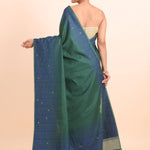 Green Linen Handloom Saree With Blue Woven Pallu - Anvi Couture