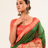 Green Mangalagiri Cotton Silk Check Saree with Red Border 