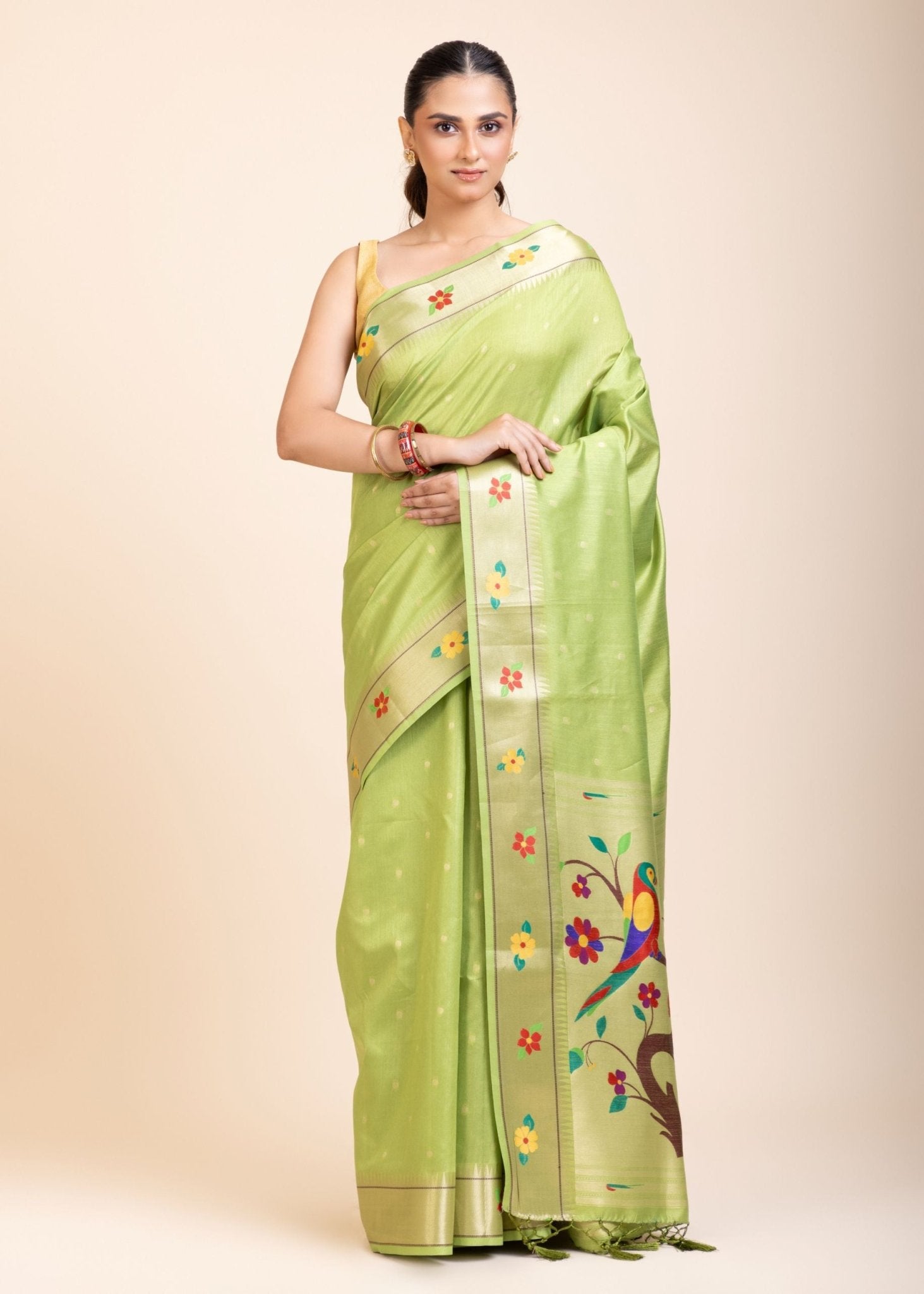 Green Muniya Paithani Silk Saree  front