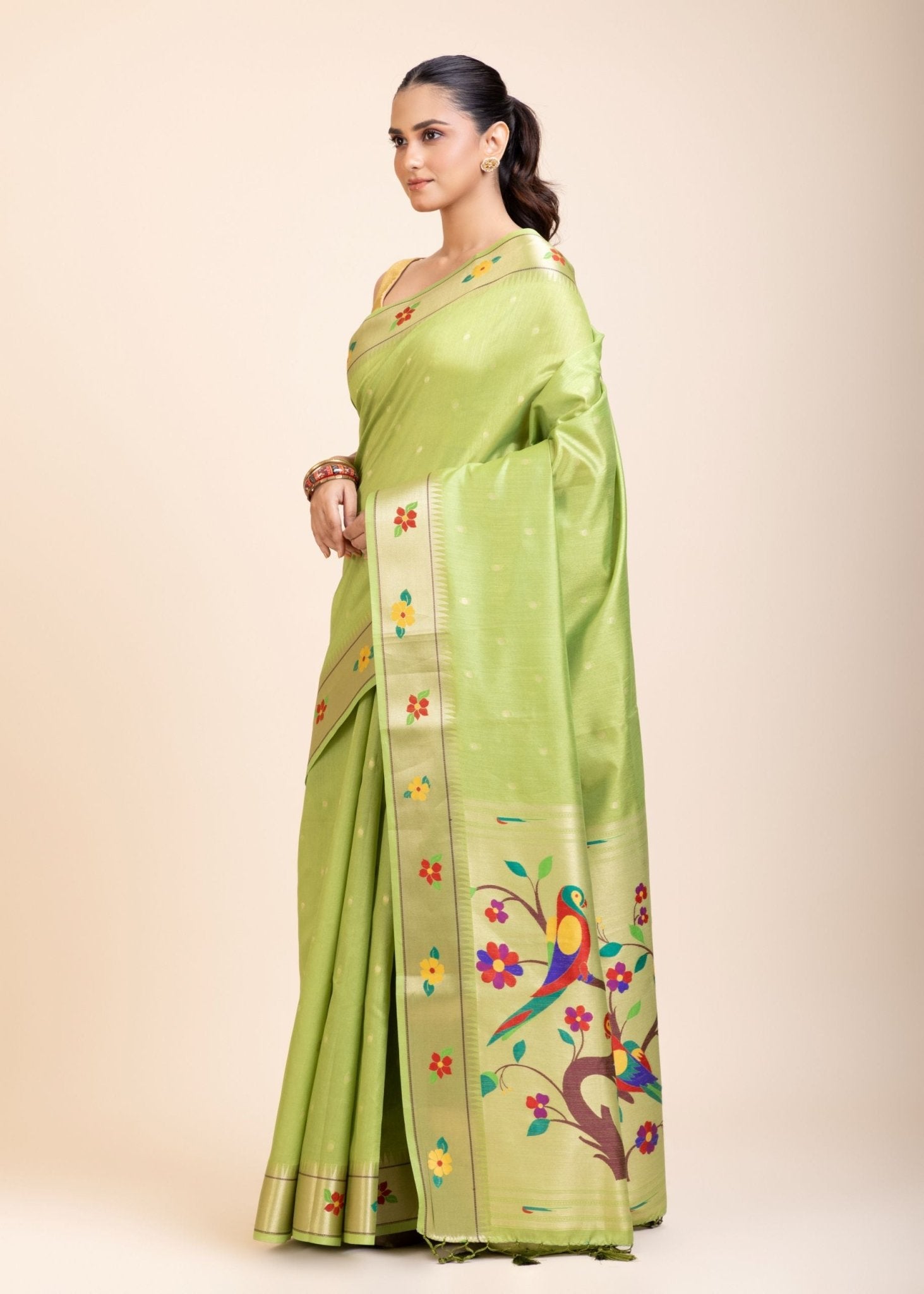 Green Muniya Paithani Silk Saree  side