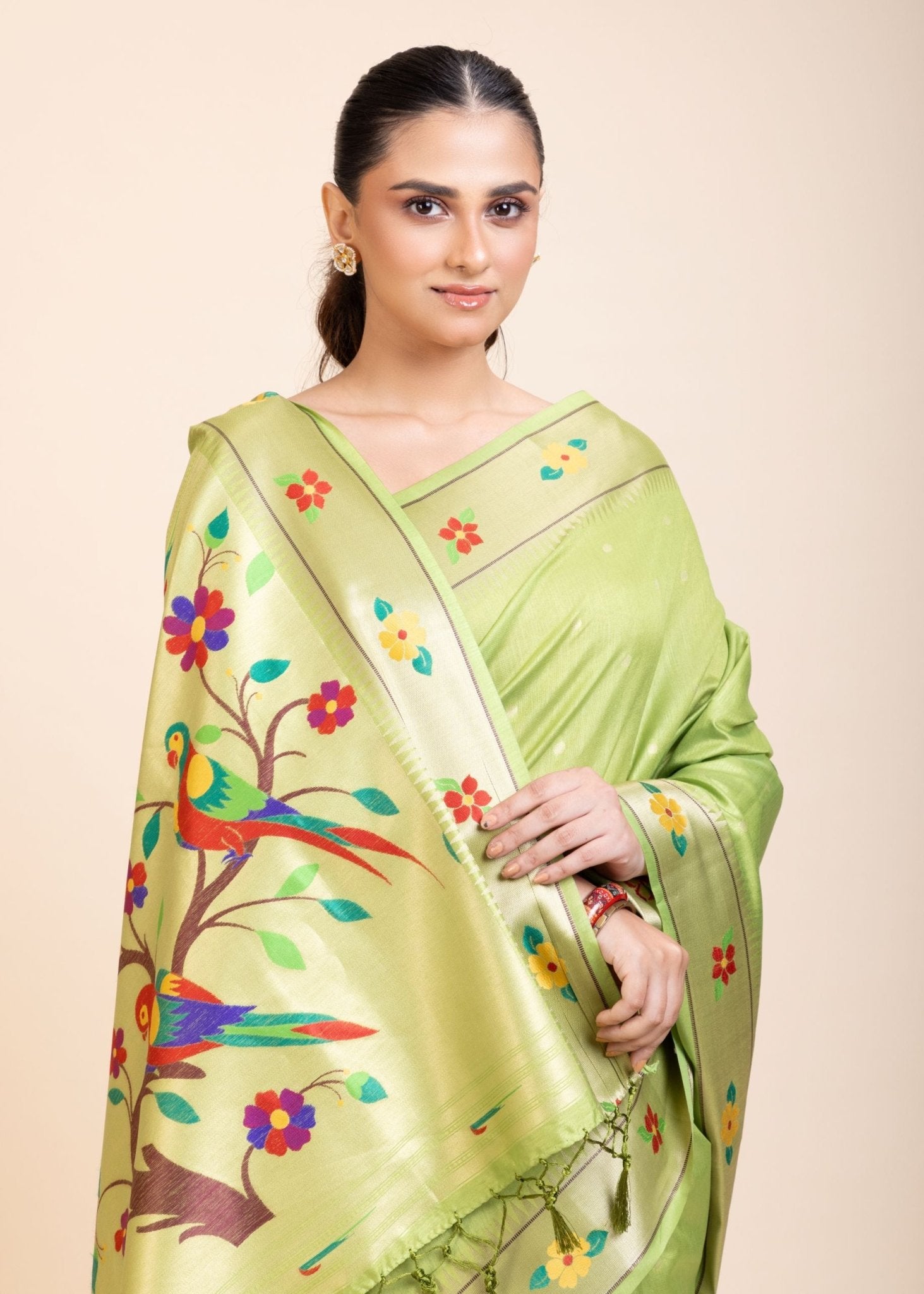 Green Muniya Paithani Silk Saree - Anvi Couture