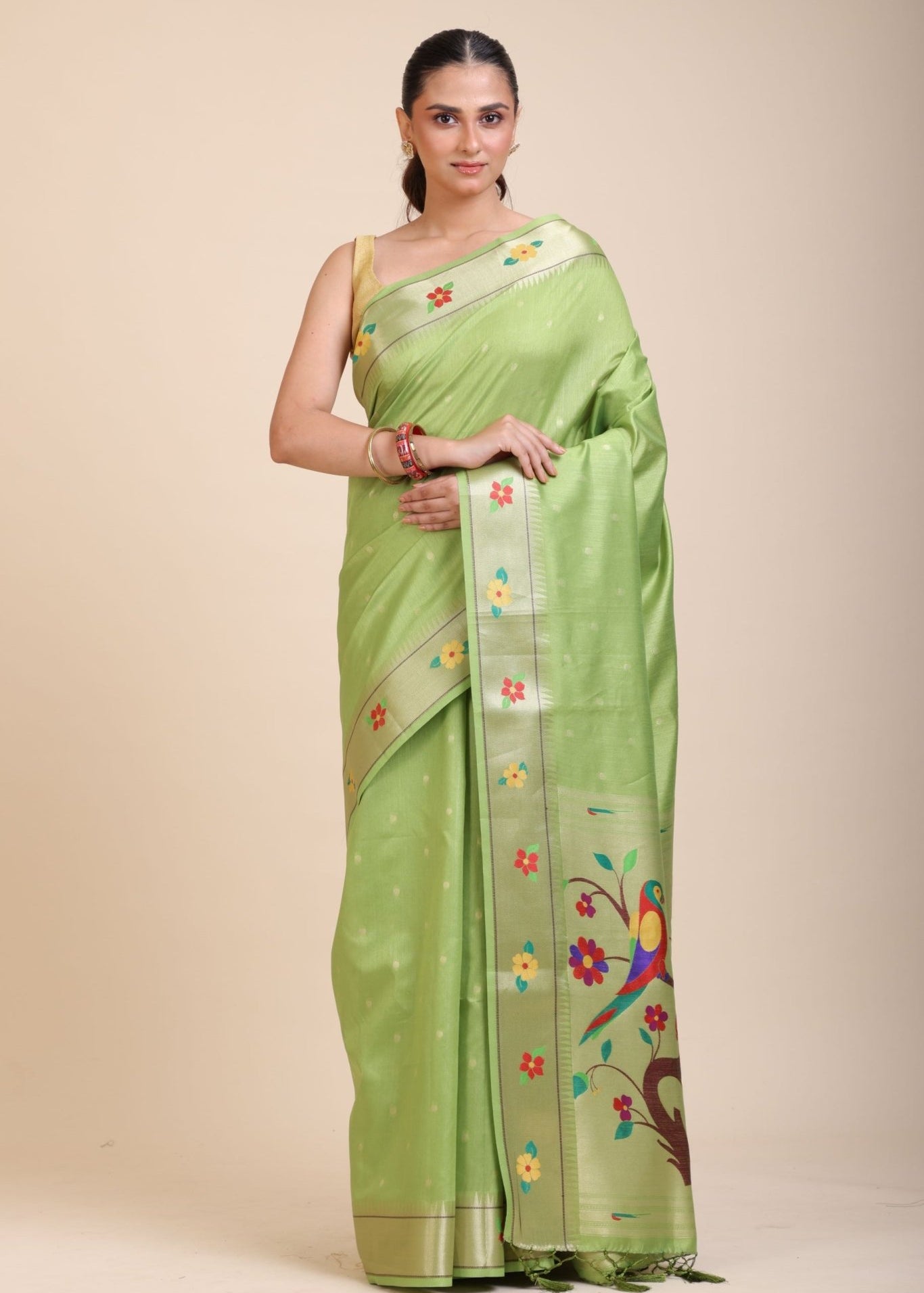 Green Muniya Paithani Silk Saree - Anvi Couture