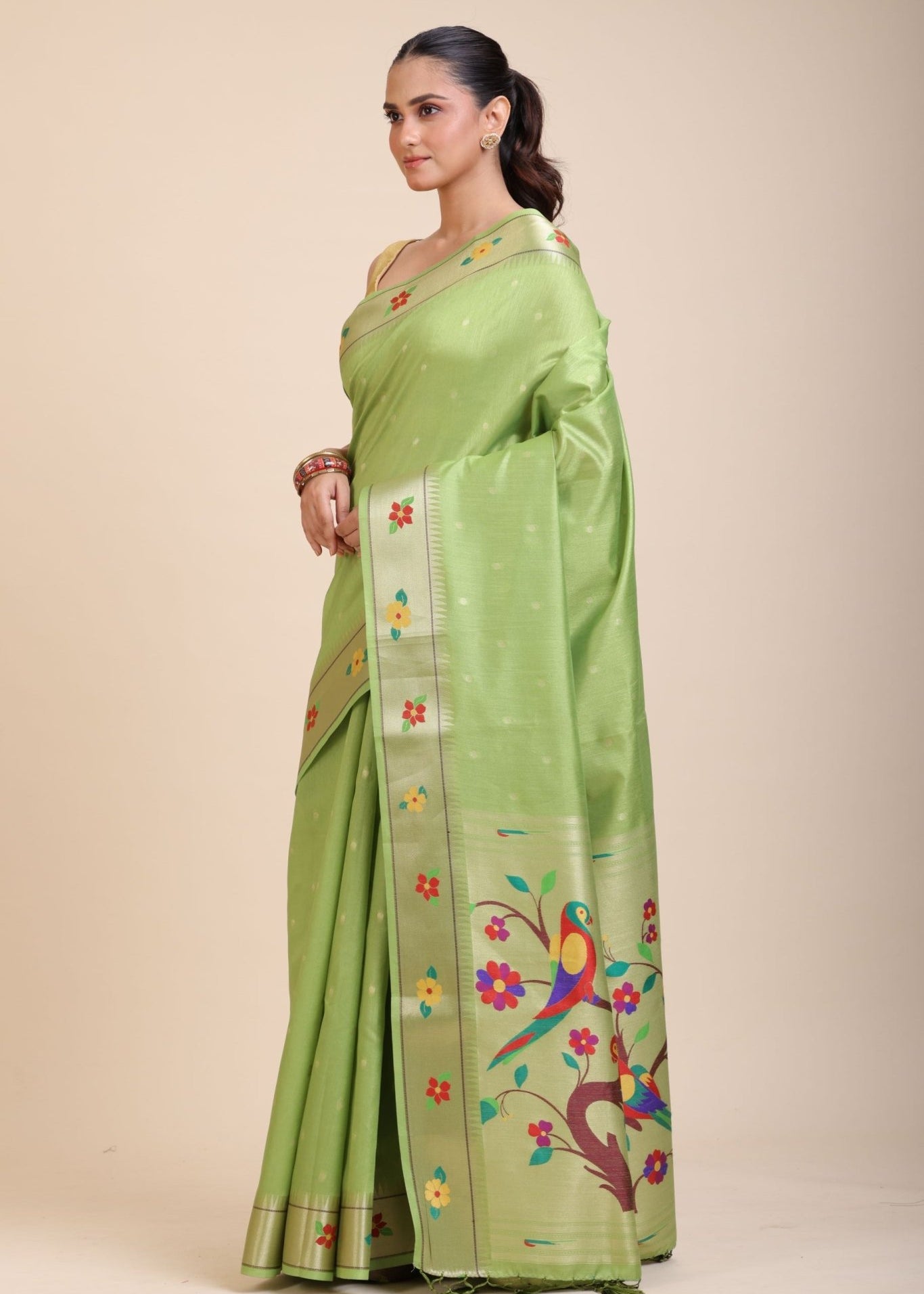 Green Muniya Paithani Silk Saree - Anvi Couture