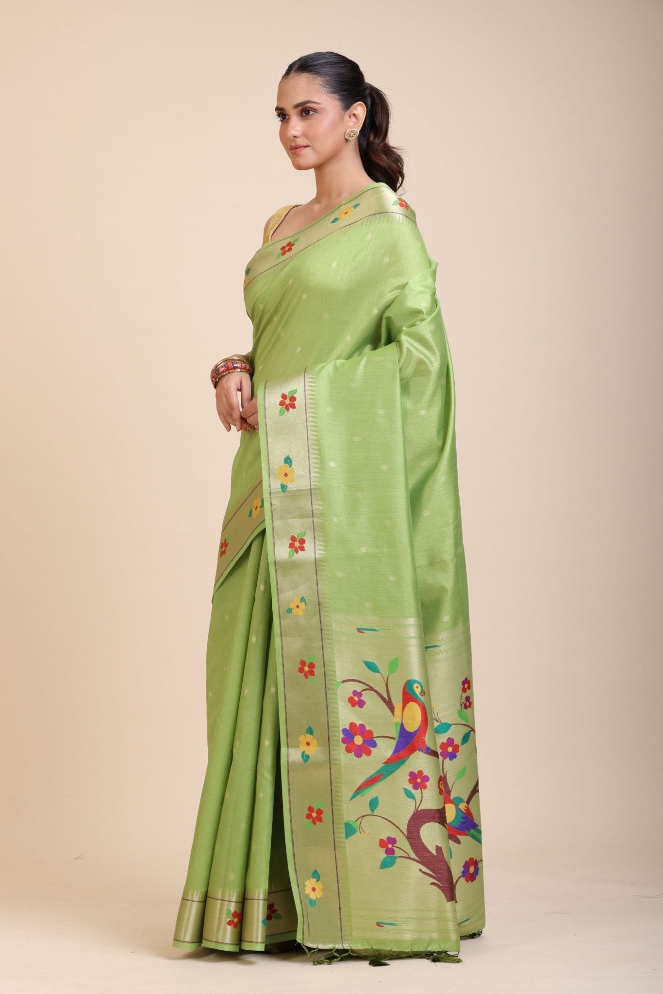 Green Muniya Paithani Silk Saree - Anvi Couture