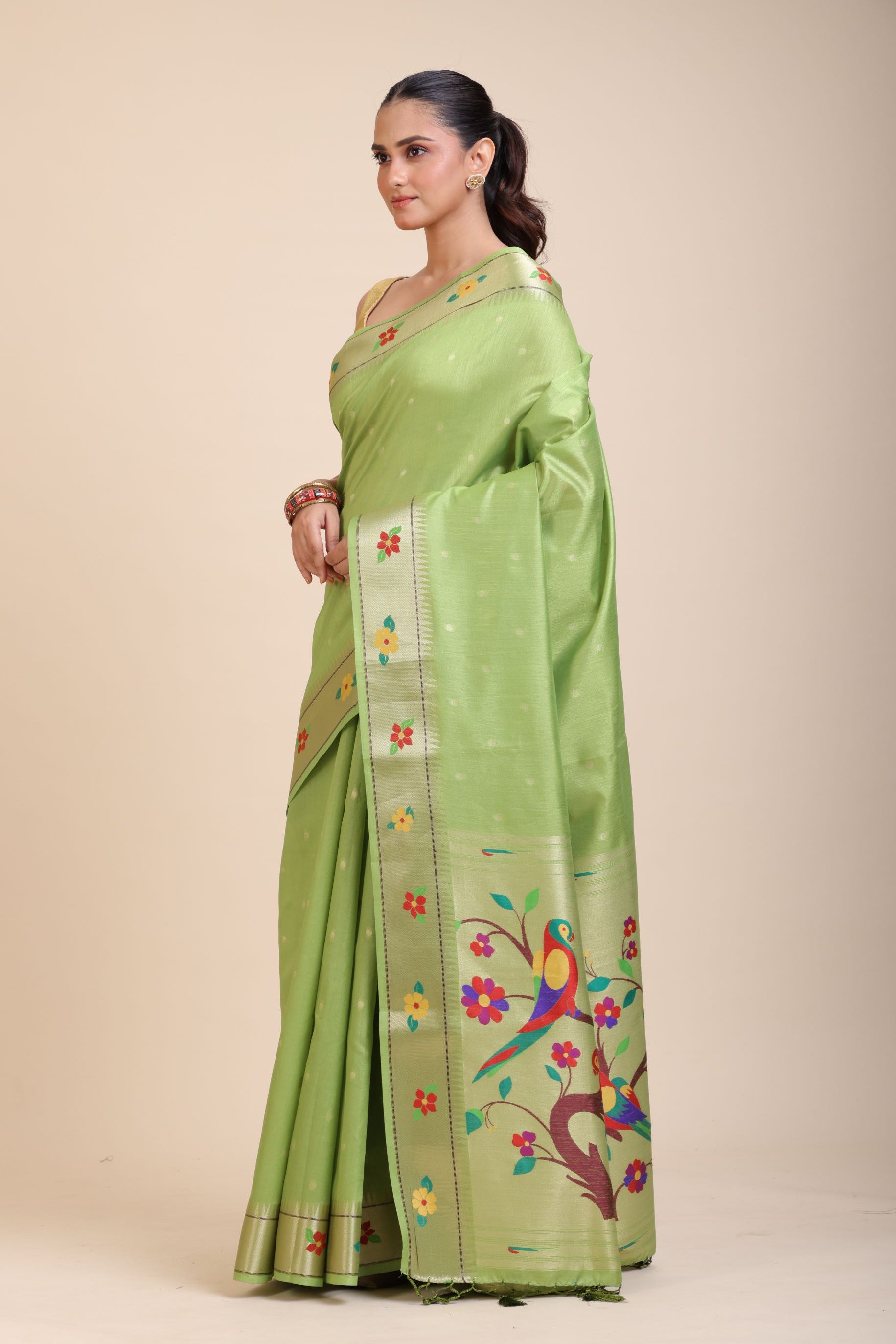 Green Muniya Paithani Silk Saree Front
