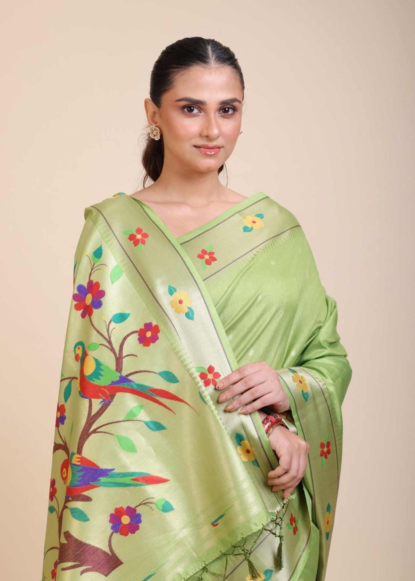 Green Muniya Paithani Silk Saree - Anvi Couture