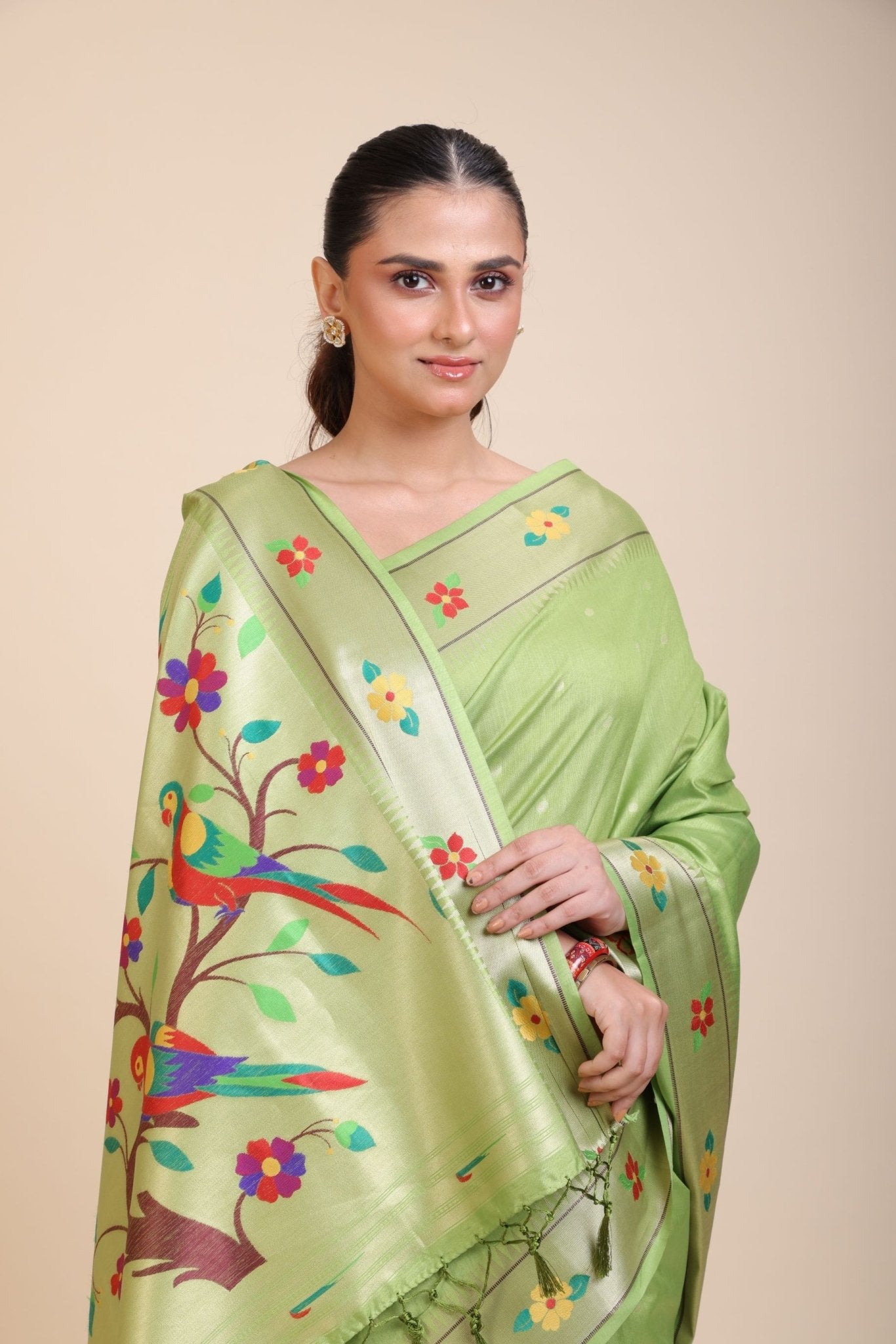 Green Muniya Paithani Silk Saree - Anvi Couture