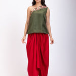 Green One shoulder Drape Skirt Set - Anvi Couture