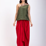 Green One shoulder Drape Skirt Set - Anvi Couture