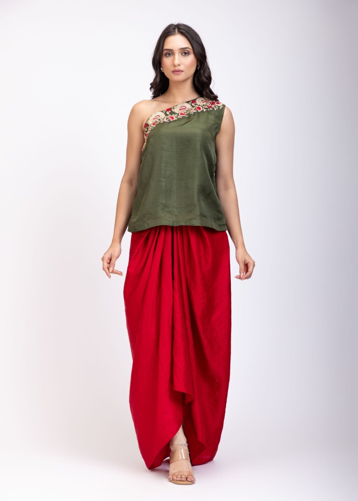 Green One shoulder Drape Skirt Set - Anvi Couture