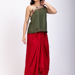 Green One shoulder Drape Skirt Set - Anvi Couture