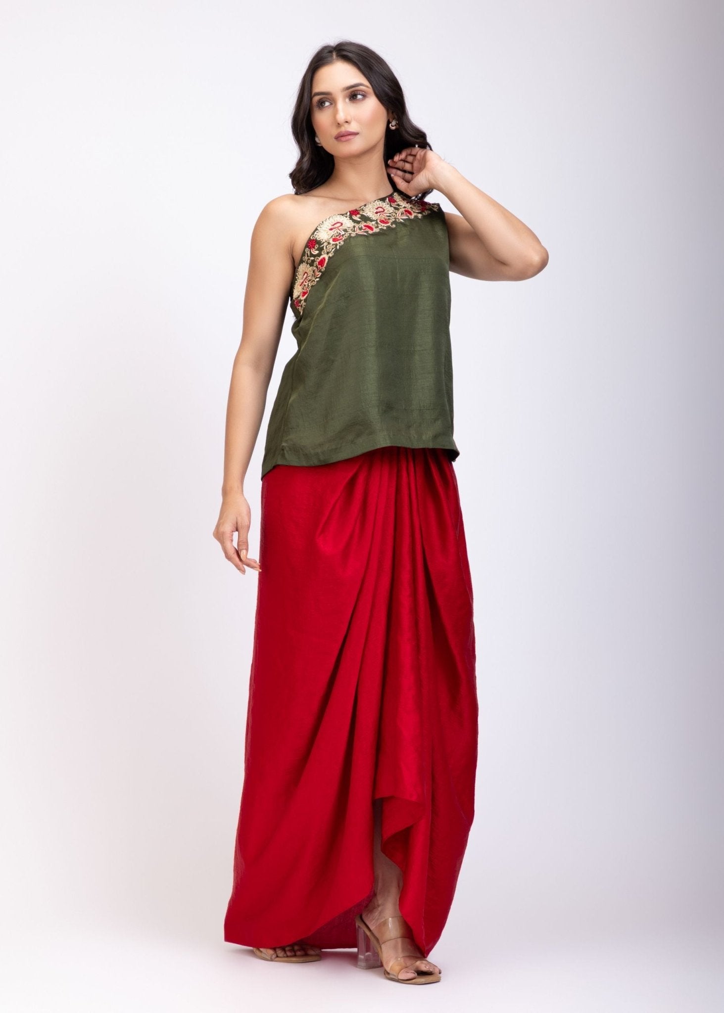 Green One shoulder Drape Skirt Set - Anvi Couture