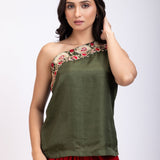 Green One shoulder Drape Skirt Set - Anvi Couture