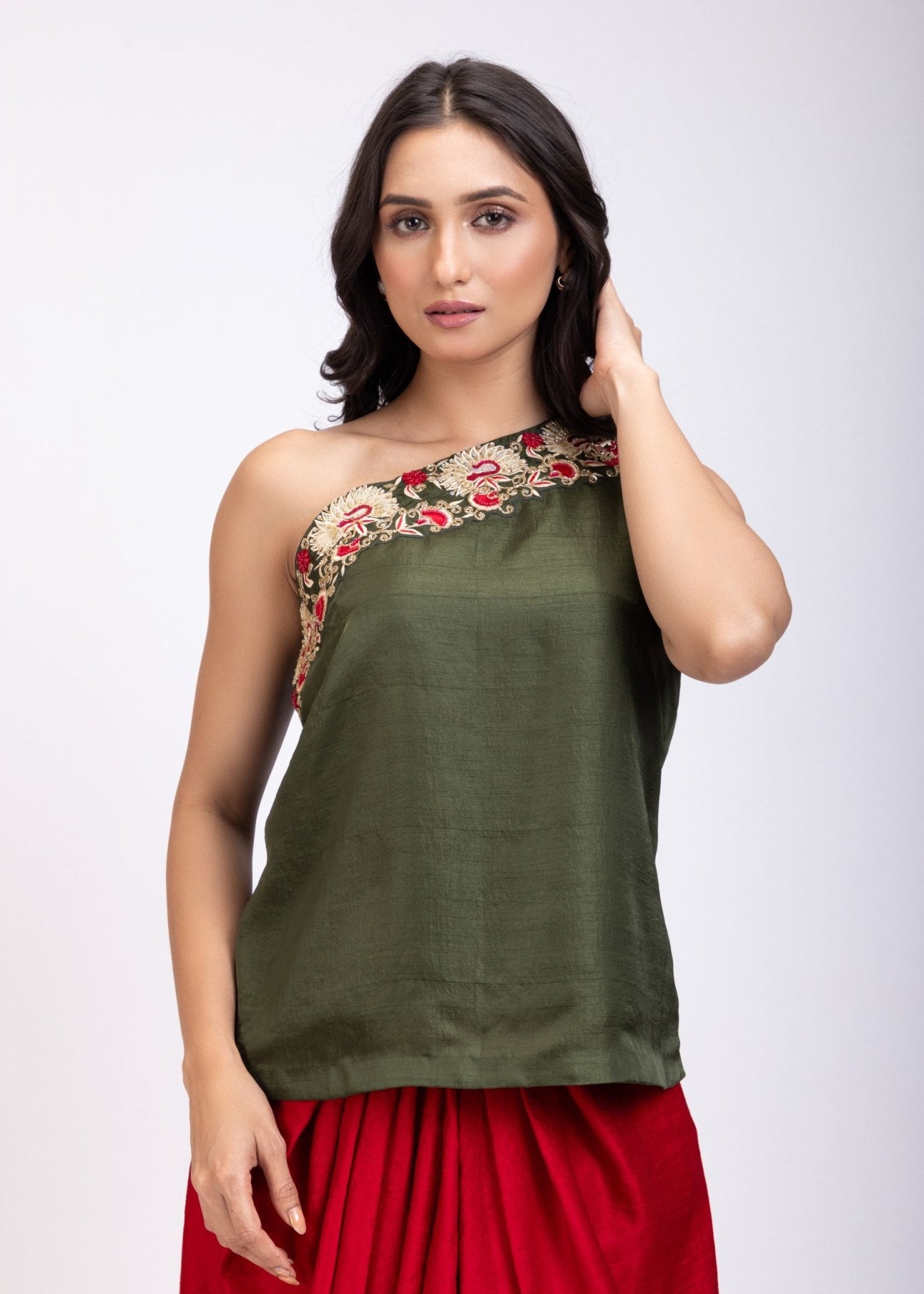 Green One shoulder Drape Skirt Set - Anvi Couture