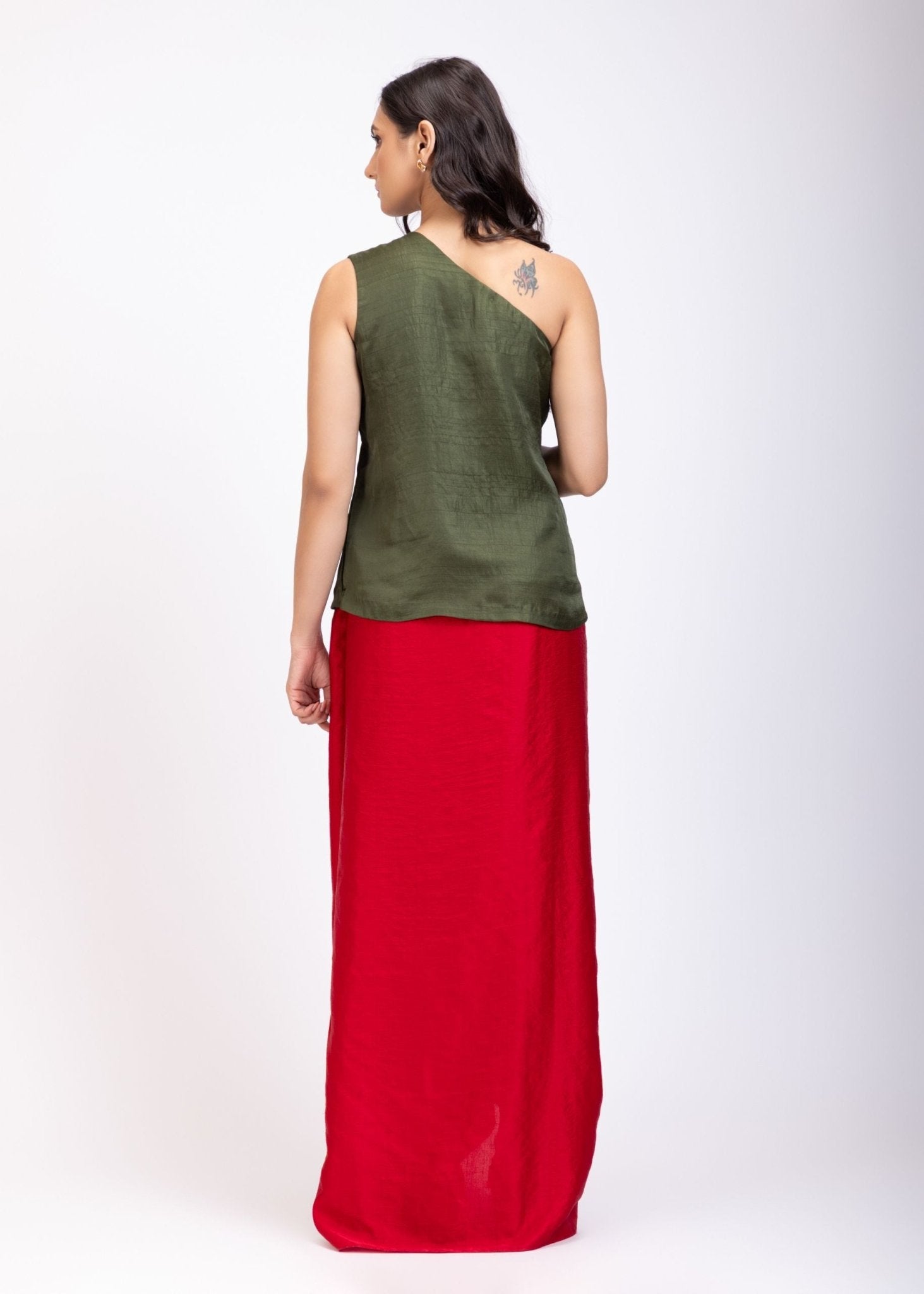 Green One shoulder Drape Skirt Set - Anvi Couture