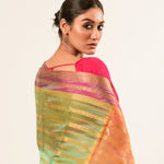 Green  Silk Saree with Pink Border and Gold Strip