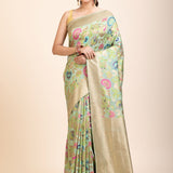 Green Paithani Silk Saree With Multicolor Floral Motifs - Anvi Couture