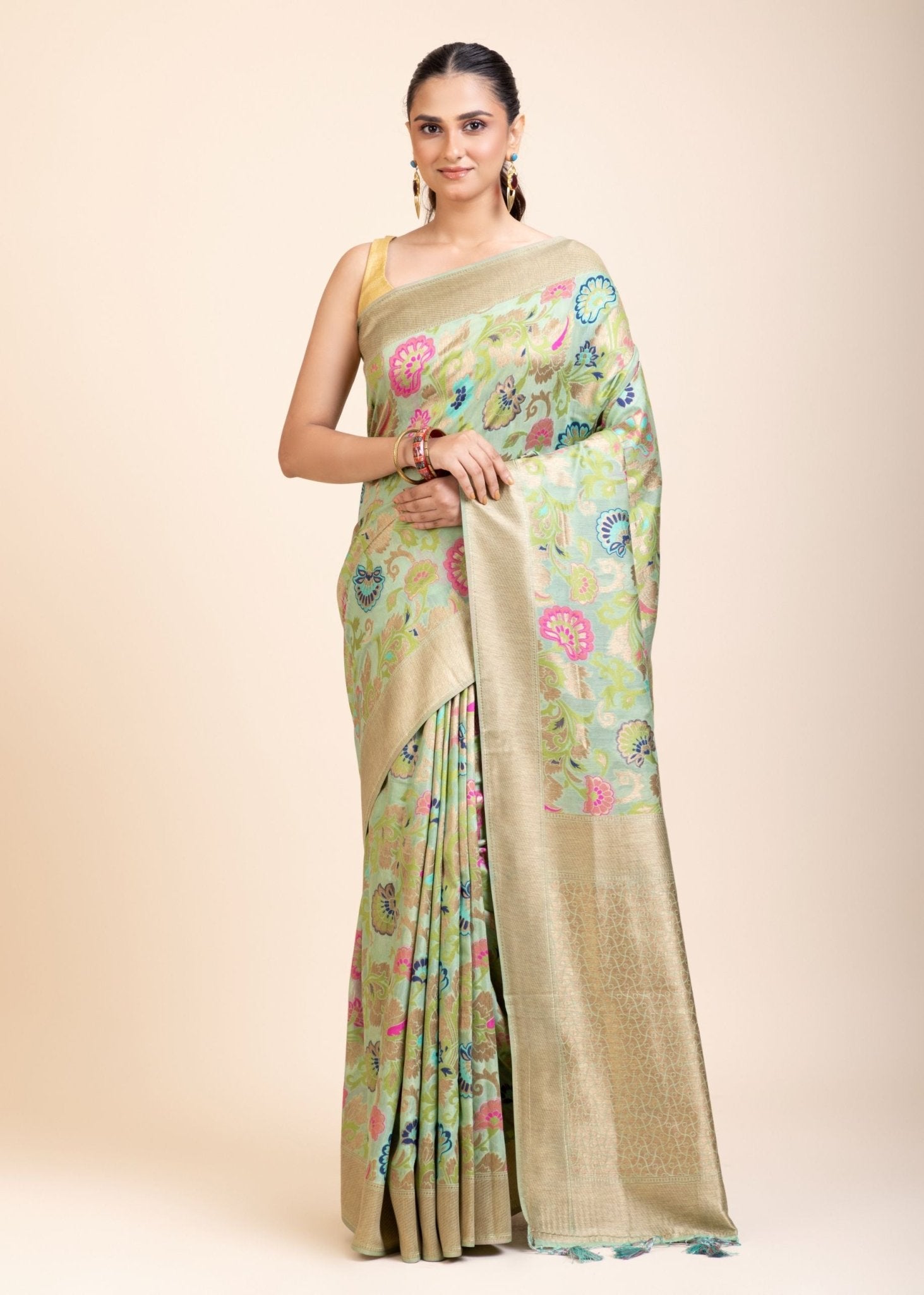 Green Paithani Silk Saree With Multicolor Floral Motifs - Anvi Couture