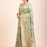 Green Paithani Silk Saree With Multicolor Floral Motifs - Anvi Couture