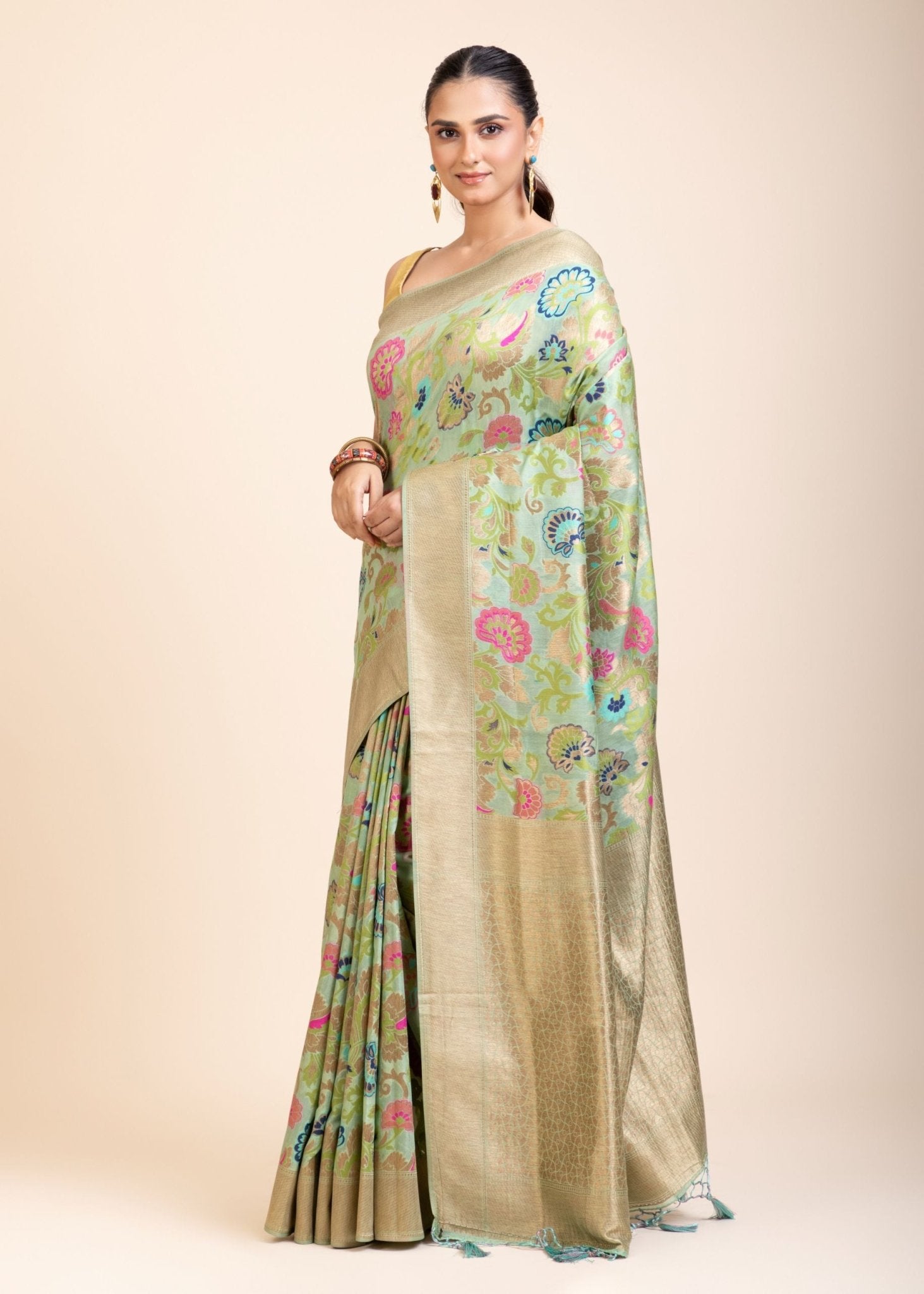 Green Paithani Silk Saree With Multicolor Floral Motifs
side