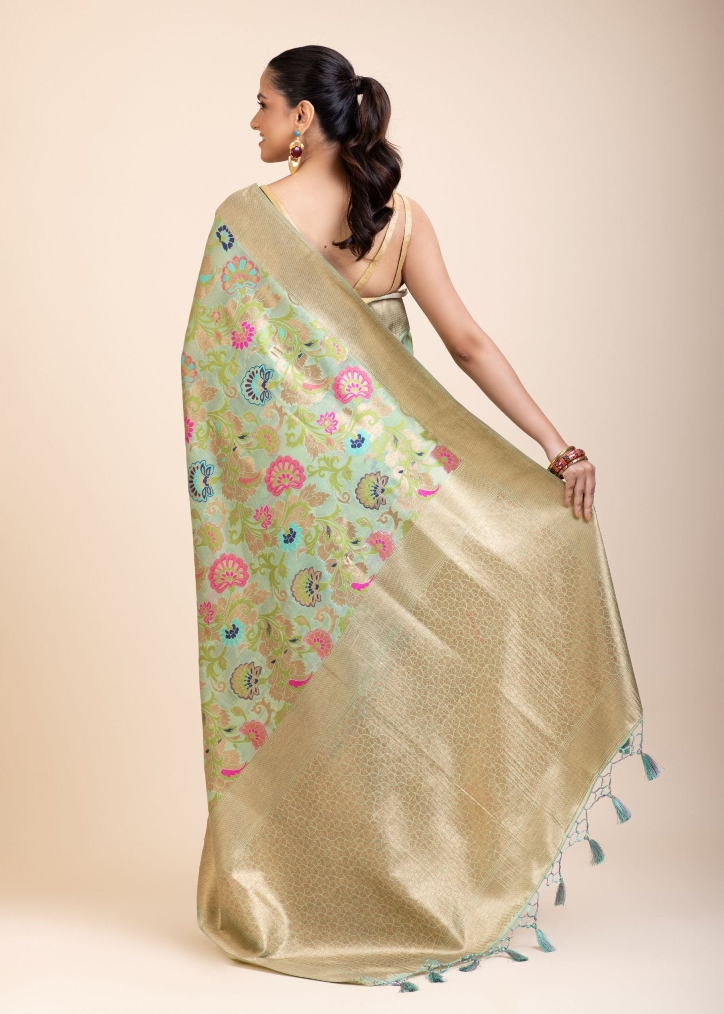Green Paithani Silk Saree With Multicolor Floral Motifs - Anvi Couture