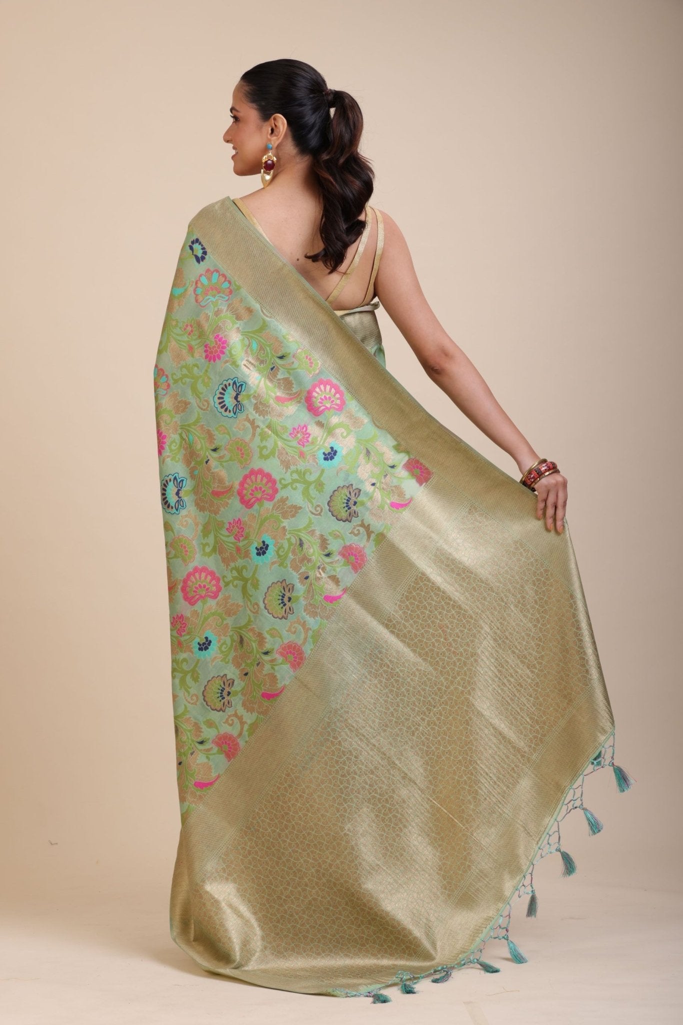 Green Paithani Silk Saree With Multicolor Floral Motifs - Anvi Couture