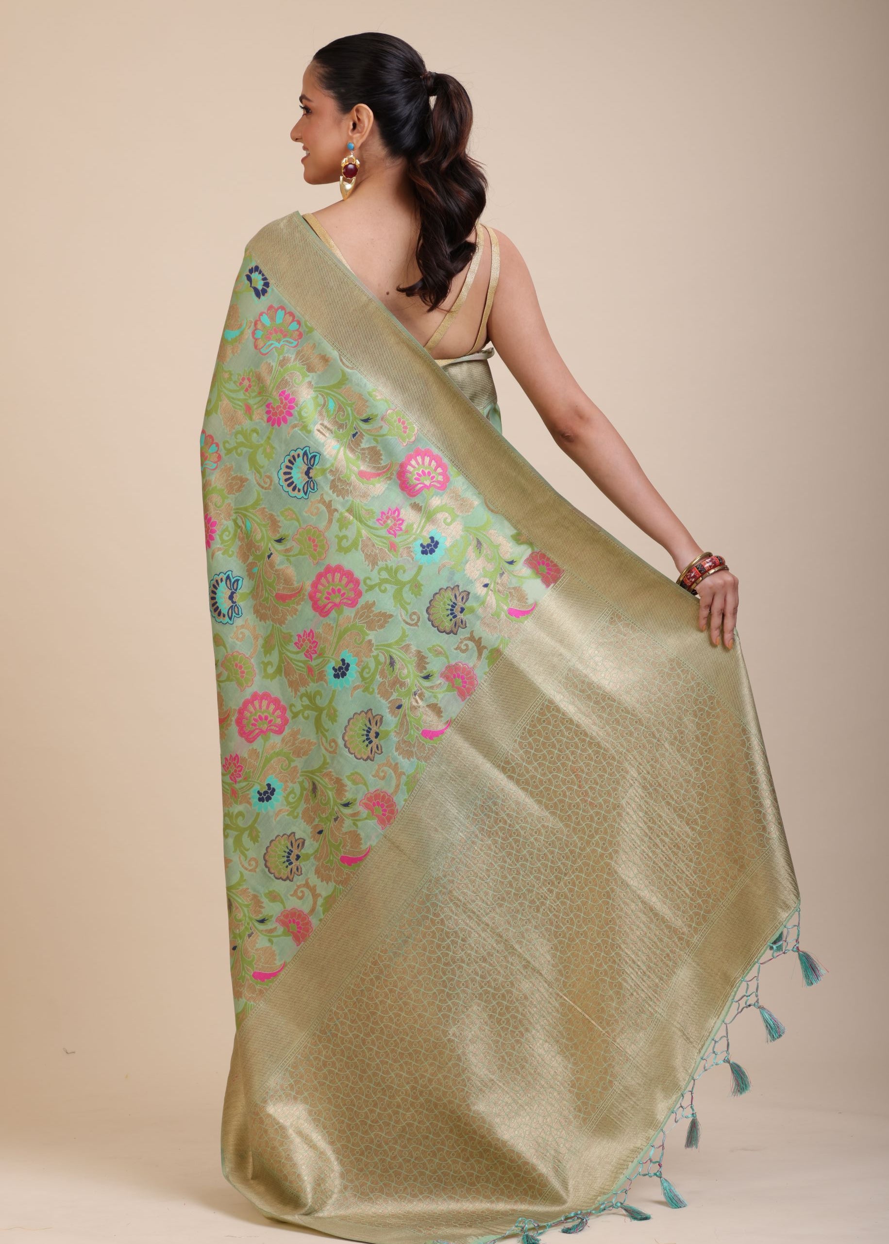 Green Paithani Silk Saree With Multicolor Floral Motifs Back
