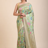 Green Paithani Silk Saree With Multicolor Floral Motifs Full
