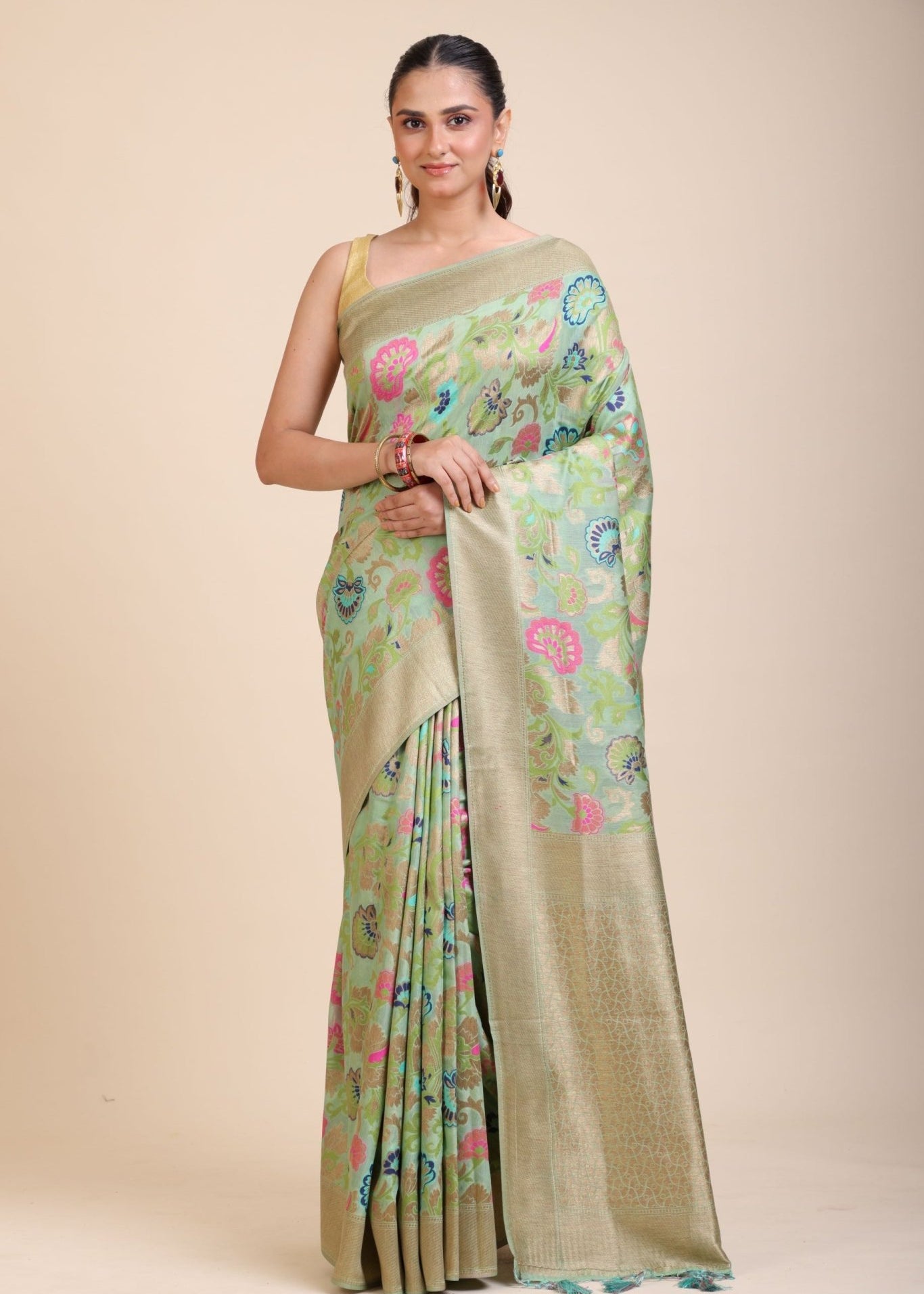 Green Paithani Silk Saree With Multicolor Floral Motifs - Anvi Couture