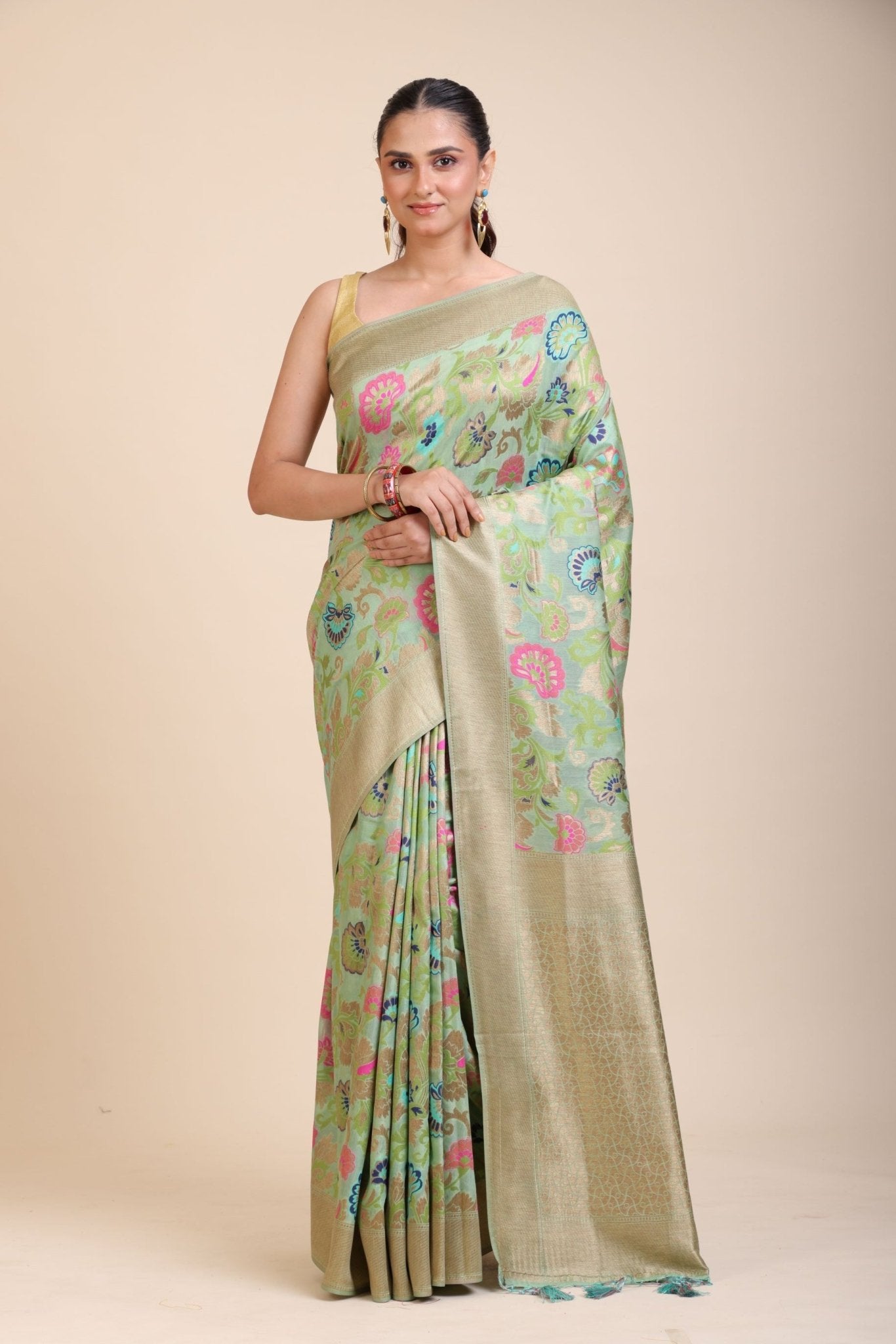 Green Paithani Silk Saree With Multicolor Floral Motifs - Anvi Couture