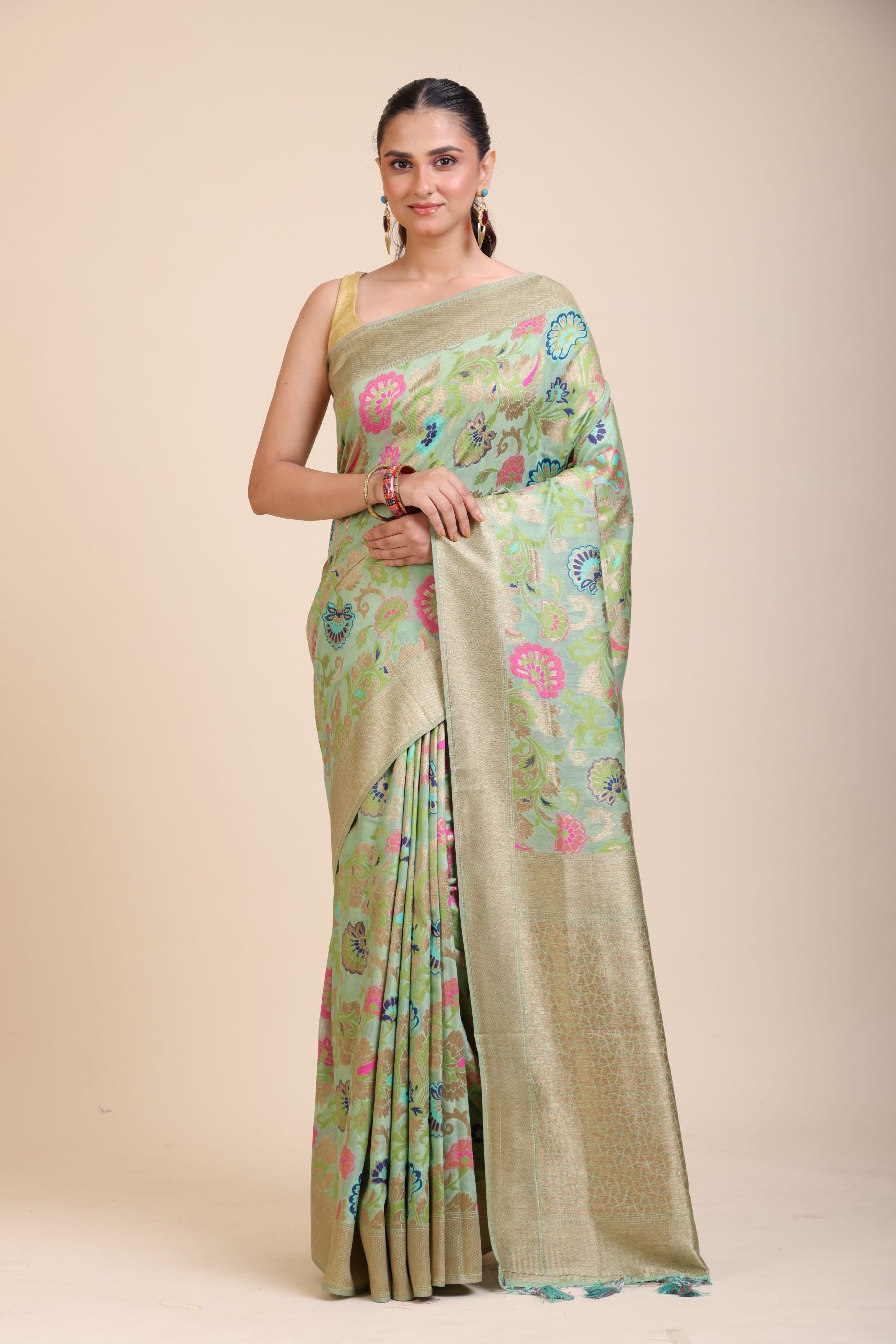 Green Paithani Silk Saree With Multicolor Floral Motifs Full
