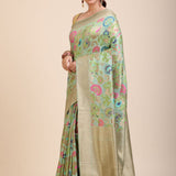 Green Paithani Silk Saree With Multicolor Floral Motifs Front
