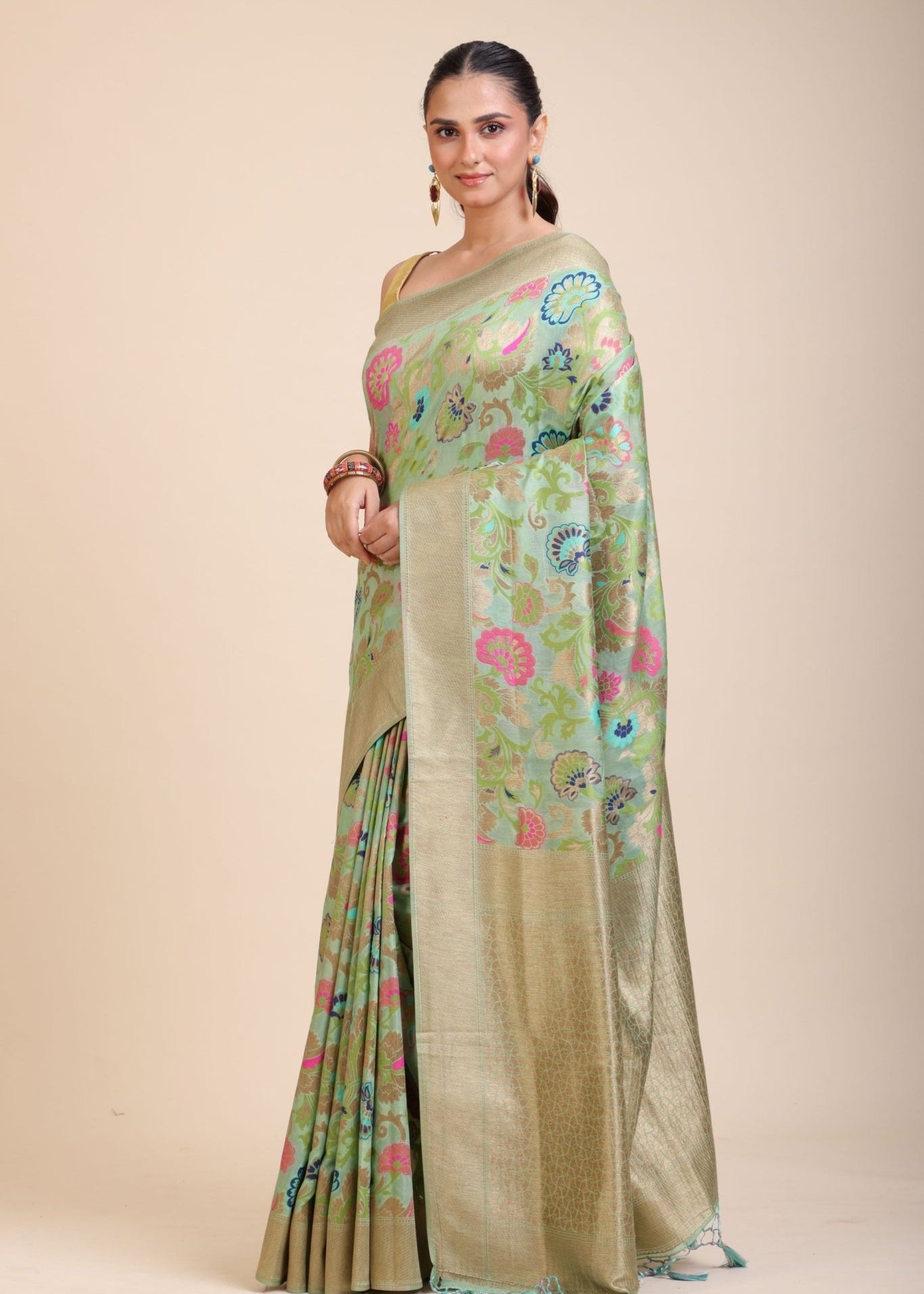 Green Paithani Silk Saree With Multicolor Floral Motifs - Anvi Couture