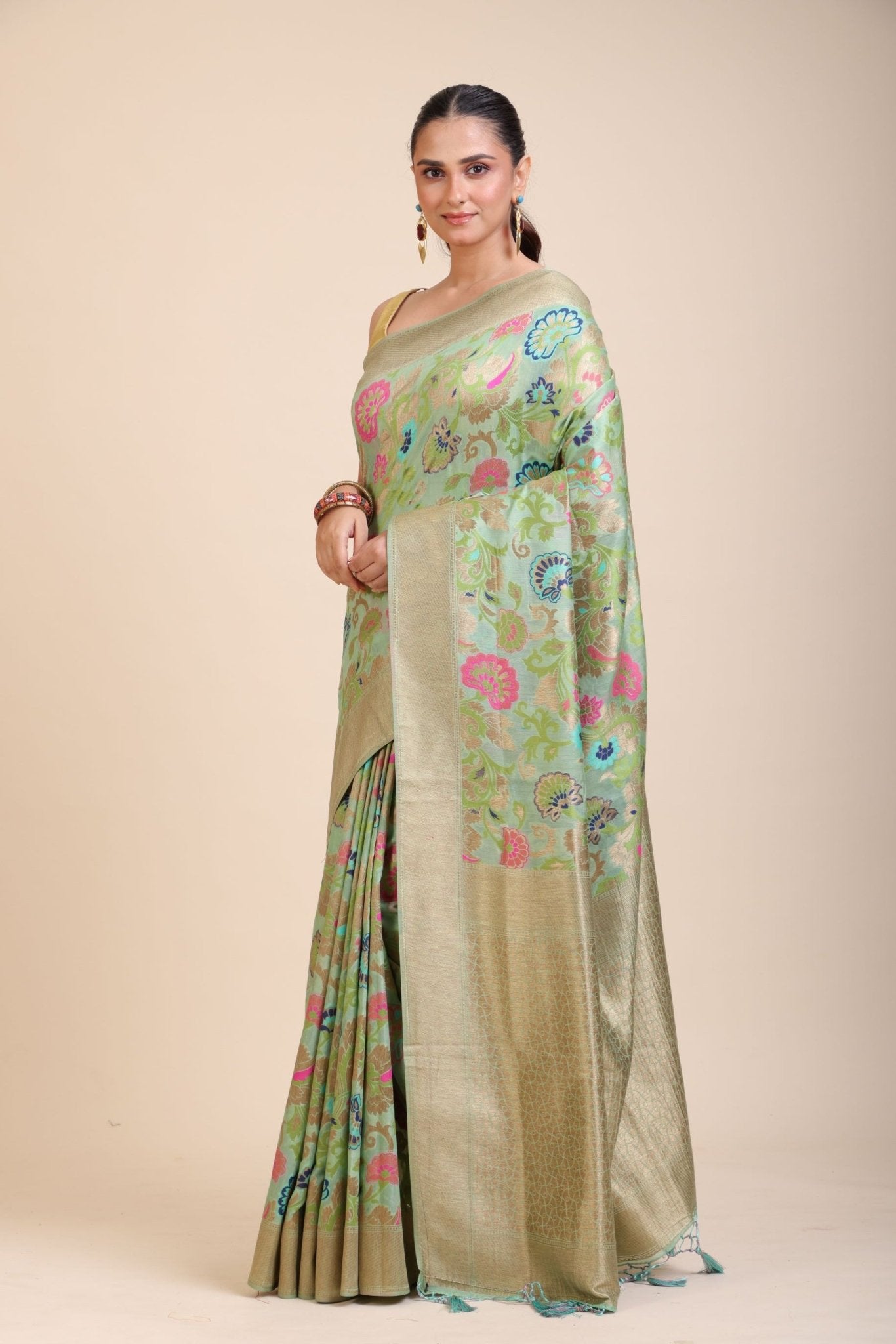 Green Paithani Silk Saree With Multicolor Floral Motifs - Anvi Couture
