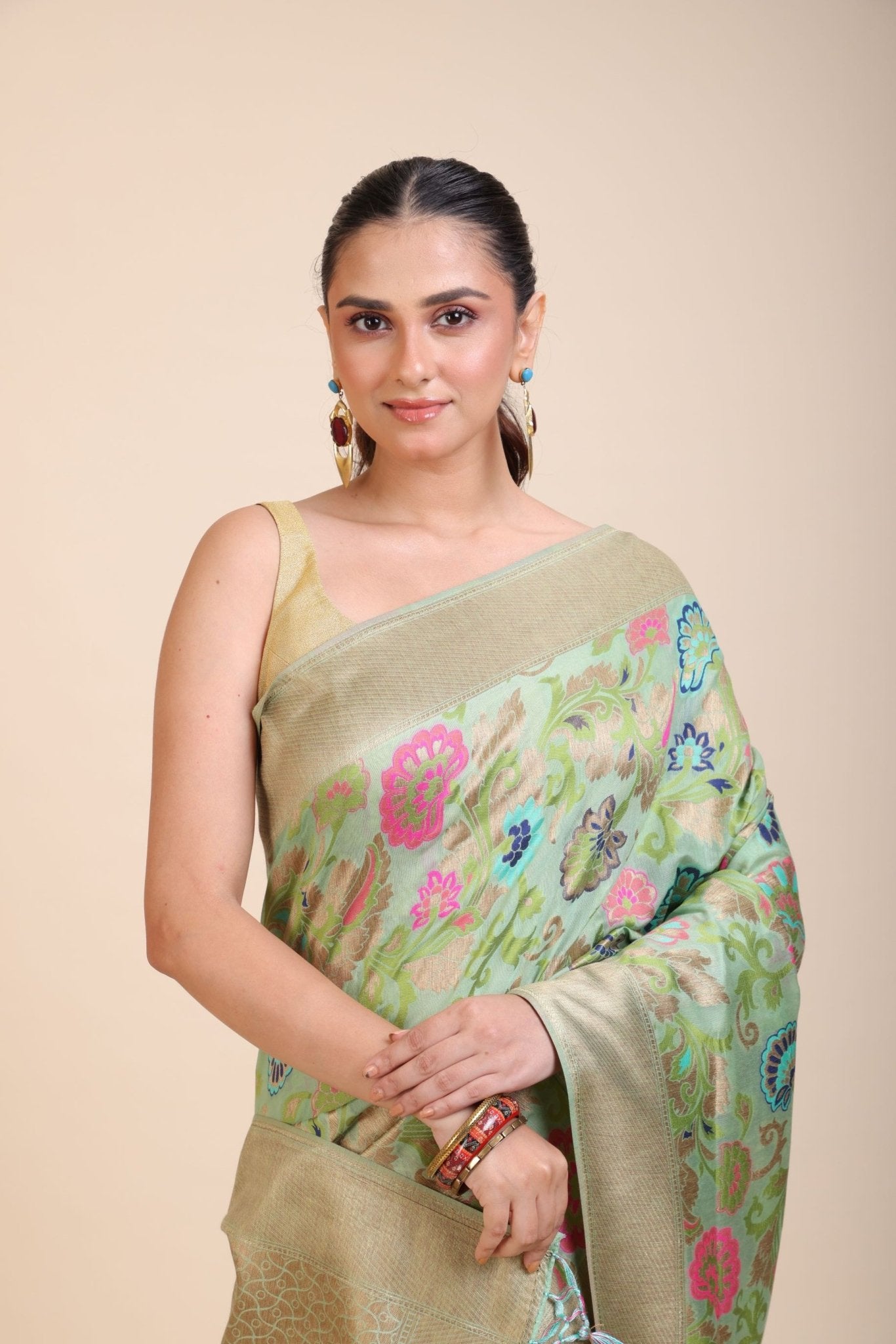 Green Paithani Silk Saree With Multicolor Floral Motifs - Anvi Couture