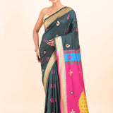 Green Paithani Silk Saree with Pink Peacock Pallu and Golden Border - Anvi Couture