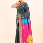 Green Paithani Silk Saree with Pink Peacock Pallu and Golden Border - Anvi Couture