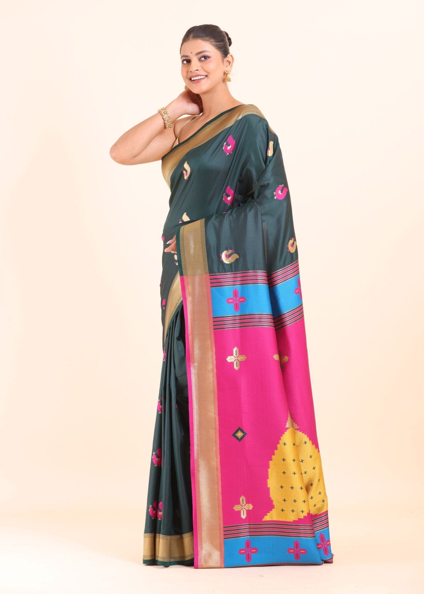 Green Paithani Silk Saree with Pink Peacock Pallu and Golden Border - Anvi Couture