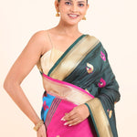 Green Paithani Silk Saree with Pink Peacock Pallu and Golden Border - Anvi Couture