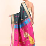 Green Paithani Silk Saree with Pink Peacock Pallu and Golden Border - Anvi Couture