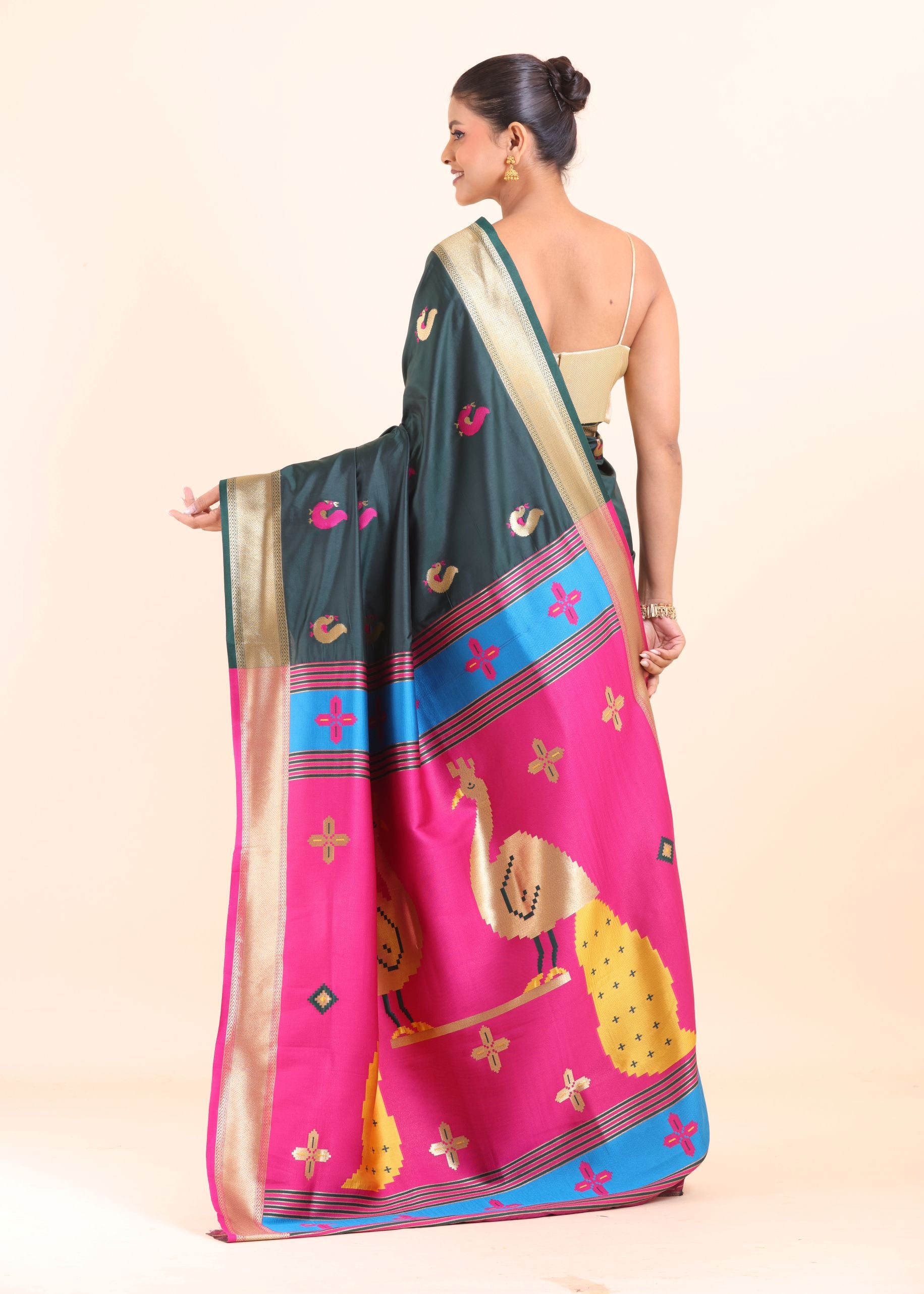 Green Paithani Silk Saree with Pink Peacock Pallu and Golden Border back