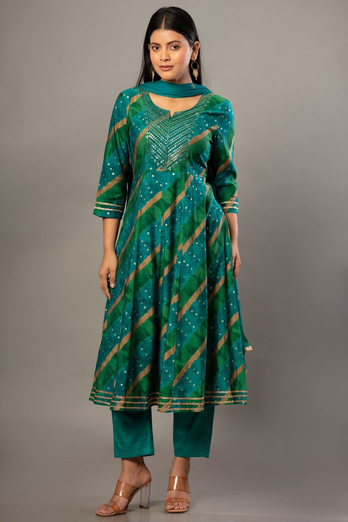 Green Printed Anarkali Kurti Set with Dupatta