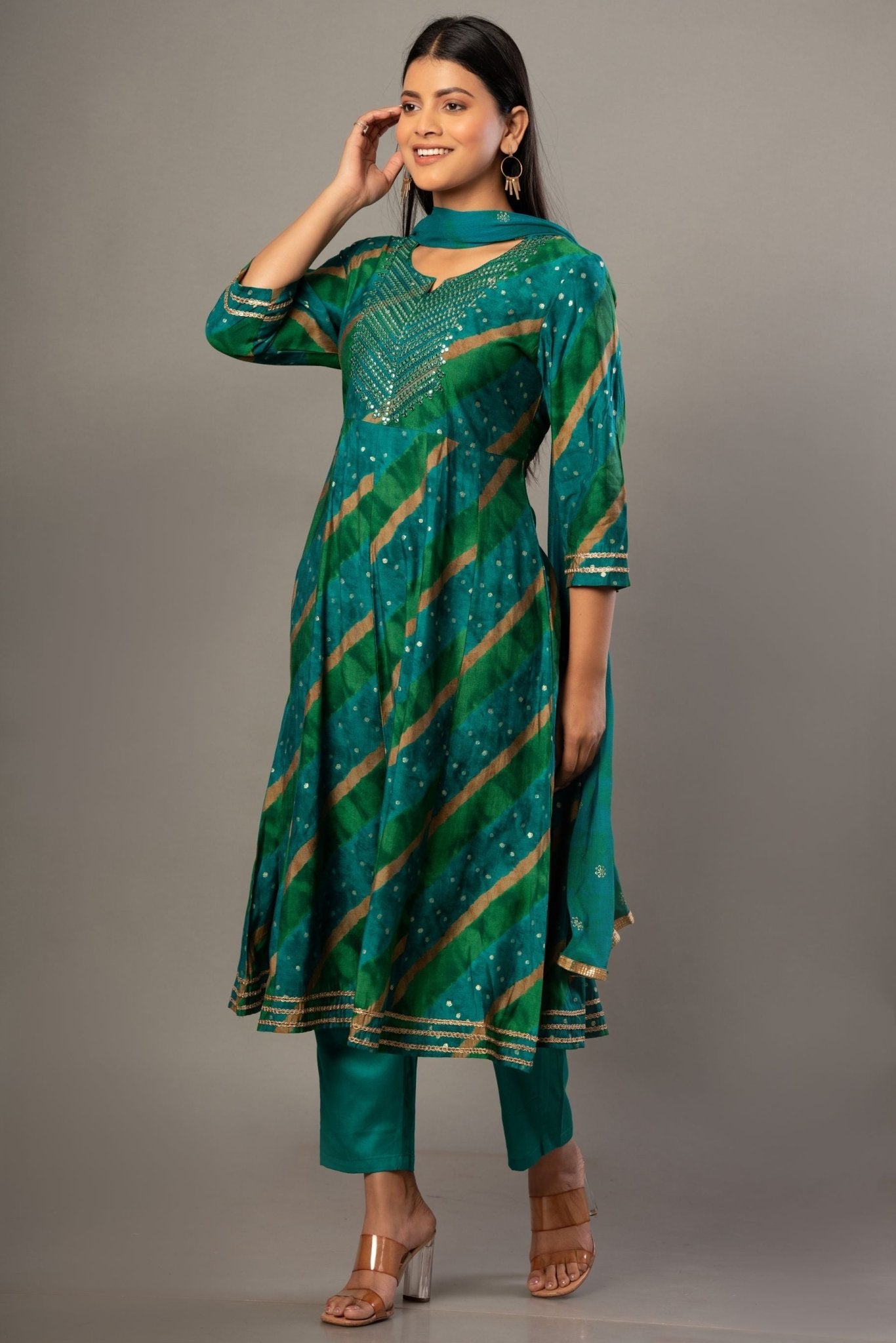Green Printed Anarkali Kurti Set with Dupatta - Anvi Couture