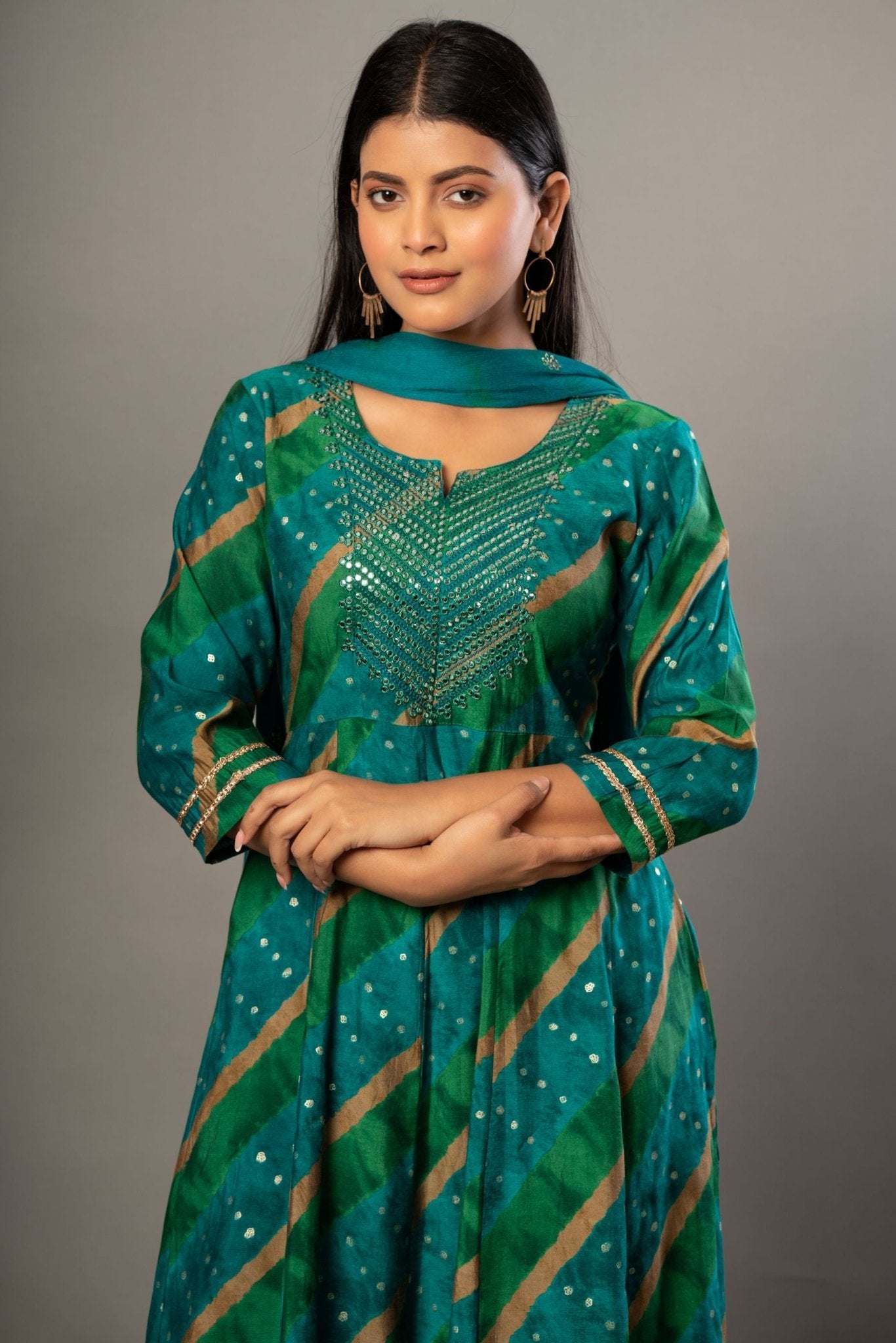 Green Printed Anarkali Kurti Set with Dupatta - Anvi Couture