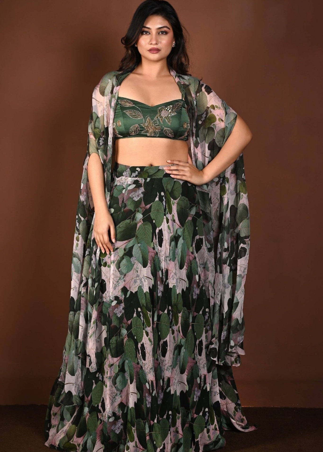 Green Printed Cape Lehenga Set with Hand Embroidered Work - Anvi Couture
