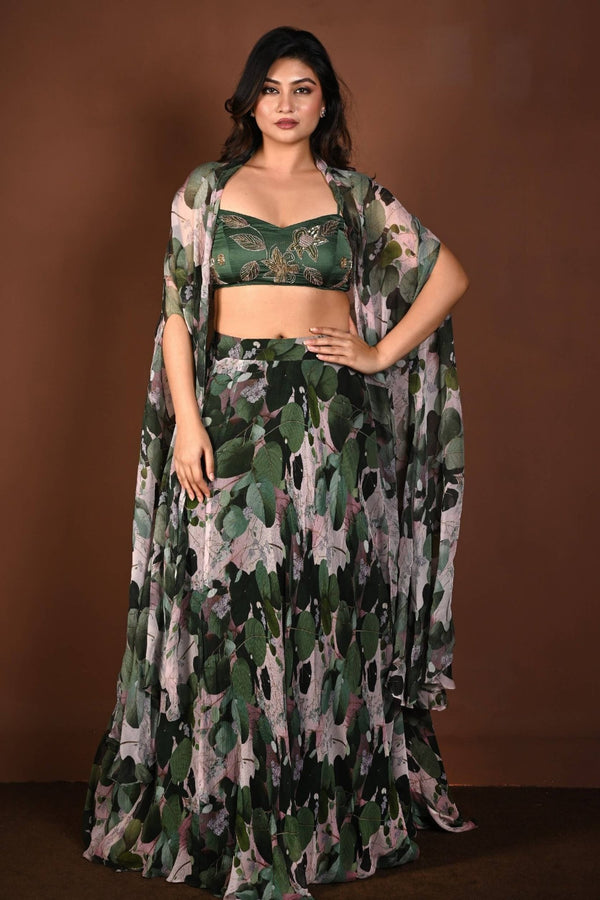 Green Printed Cape Lehenga Set with Hand Embroidered Work - Anvi Couture