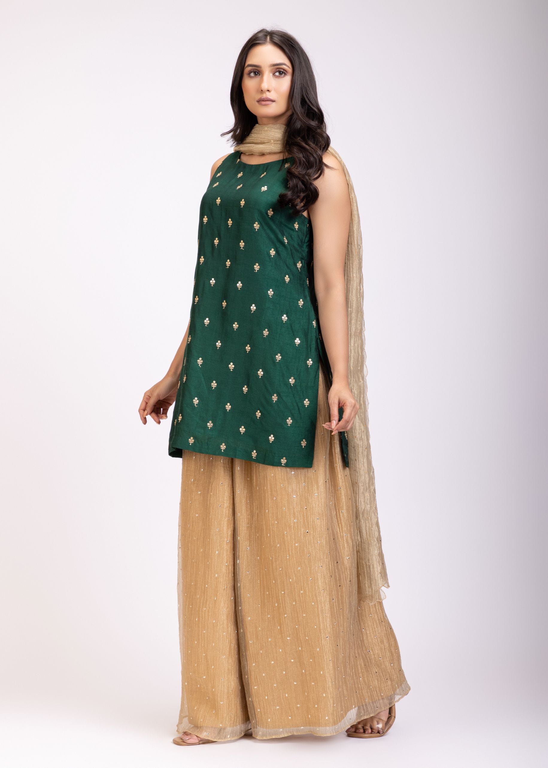 Green Raw Silk Sahara Set With Hand Embroidered Work front