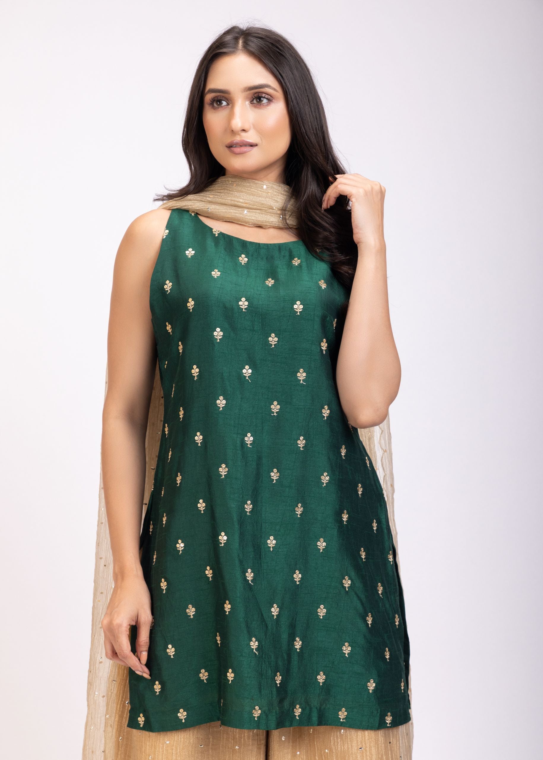 Green Raw Silk Sahara Set With Hand Embroidered Work close up