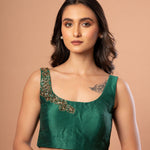 Green Raw Silk U Neck Blouse with Hand Embroidered Work - Anvi Couture